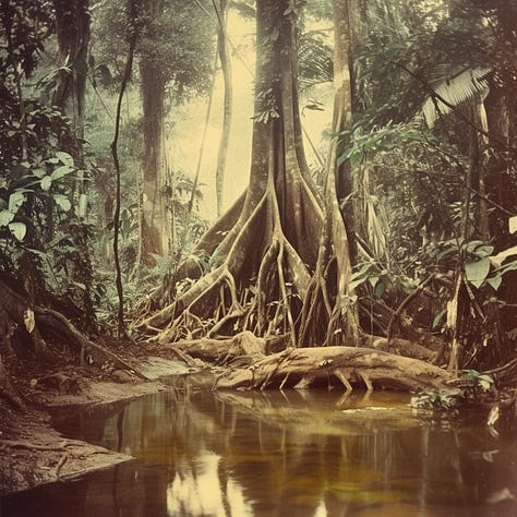 Vintage photos of Batman, Amazon rainforest, and smartphone - generated by Midjourney's text-to-image algorithm