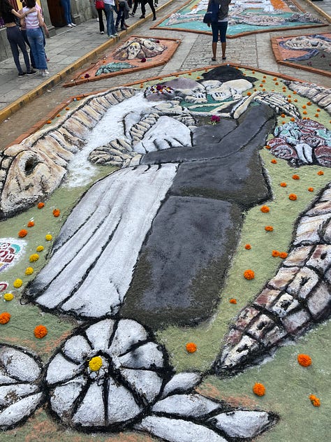 A nine image collage showing elaborate Día de Muertos decorations in the city.