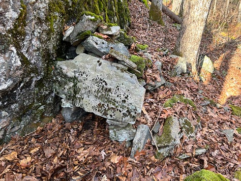 A stone construction in the woods against a cliffside.