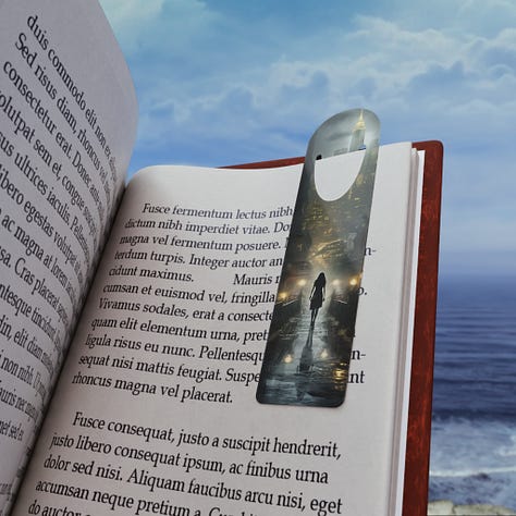 A collection of metal bookmarks featuring images with an urban fantasy feel