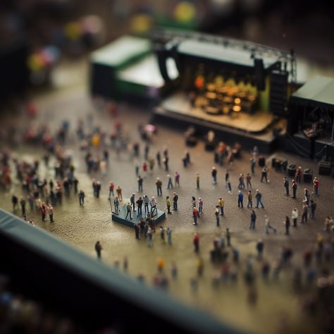 Tilt-shift images of Times Square, a beach hut, and a concert with crowds of people
