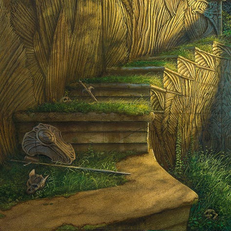 LEFT: Detail from EMPIRE OF GRASS featuring a statue kneeling among ancient ruins overgrown with grass and ivy. She holds a bow one-handed with an arrow knocked. In the other, she lightly grips a long spear with the tip angled down. CENTER: Close detail from EMPIRE OF GRASS featuring the statue of a long haired woman in Sithi armor. She kneels with one leg flat on the ground and a bow with arrow knocked balanced on her raised knee. In her other hand, she holds an ivy covered spear with barbed head pointing down. Her focus is in the distance past a pillar carved with elven grace. The sky beyond is a mix of gray clouds and golden light. RIGHT: Close detail from EMPIRE OF GRASS featuring a long sword and shield discard on grassy steps. Another skull and a dagger rest on the step above.