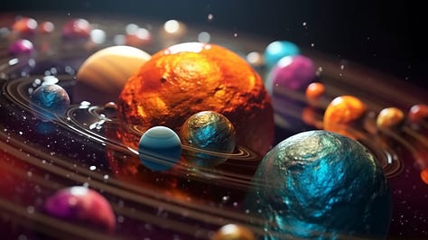 Planets for a solar system in space photo, in the style of colorful futurism, realistic perspective, accurate topography, multiple filter effect, metallic rotation, multilayered, circular shapes