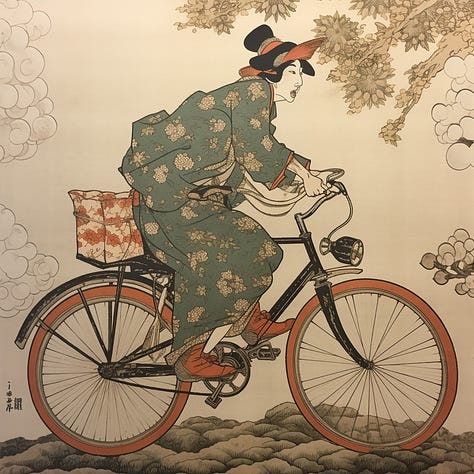 Ukiyo-e mansion / bicycle / river in Midjourney