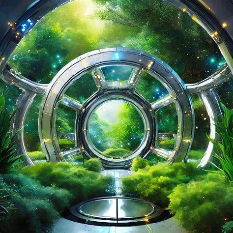 Futuristic space station garden with zero gravity, spherical shapes, bright artificial lighting