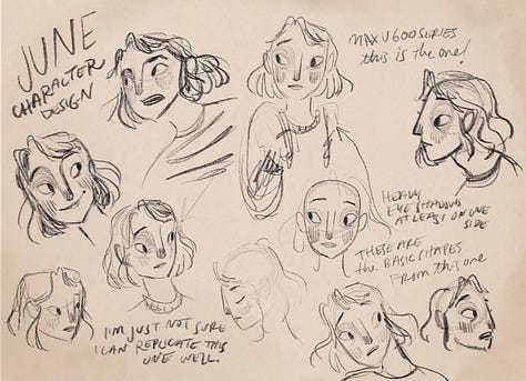 Sketches of the characters June and Imogen, showing various facial expressions, along with handwritten notes about things like which glasses shape to use, and which sketches worked better.