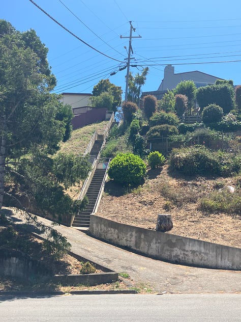 Images of a burtalist public starway in the Southern Hills neighborhood of Daly City/SF