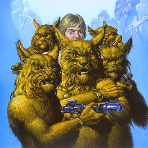 LEFT: Detail from THE PRIDE OF CHANUR featuring a group of aliens with cat heads and tawny fur standing close guard around a human alien who can only be seen from the mustache up. The art has a very 70s vibe from the hairstyle of the man, parted bangs and long on the sides, to the shiny chrome blaster the lead Hani is holding.  CENTER: Close detail from THE PRIDE OF CHANUR featuring the haggard face of the human male modeled after the artist. The lids of his blue eyes look heavy and there is a pronounced “bag” under one eye. The faces of the Hani are detailed with long fur on the cheeks and rumpled fur on their snouts. One has a series of rings on its points ear that includes a shiny ball dangling from a chain on one.  RIGHT: Background detail from THE PRIDE OF CHANUR featuring aliens arranged in a descending arc from right to left. The first has a bulbous head, round eyes set low and protruding, and its mouth puckered in an O. Long slender hands are crossed in front of it. The rest of the figures are hooded with long dragon-like snouts protruding out. The figures are rendered tonally blue and subtle purple against desaturated blue.