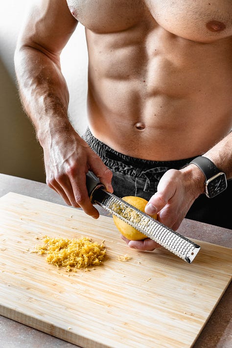 Shirtless man in black pants makes vegan lemon curd step-by-step process shots