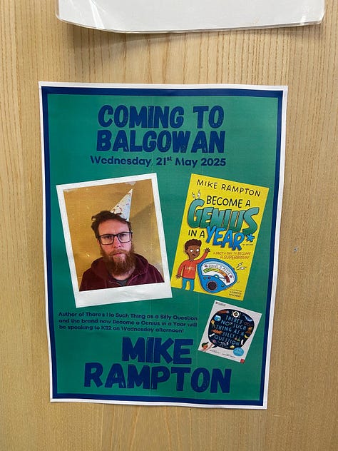 A poster advertising my visit to a school, a shelf of international versions of There's No Such Thing As A Silly Question, posing inelegantly on a bin