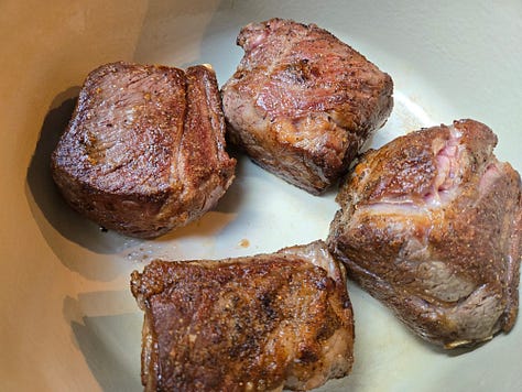 Left: seared short ribs in a dutch oven.  Center: short ribs with caramelized mirepoix, lemon zest, and garlic.  Right: braised short ribs with its braising liquid and vegetables.