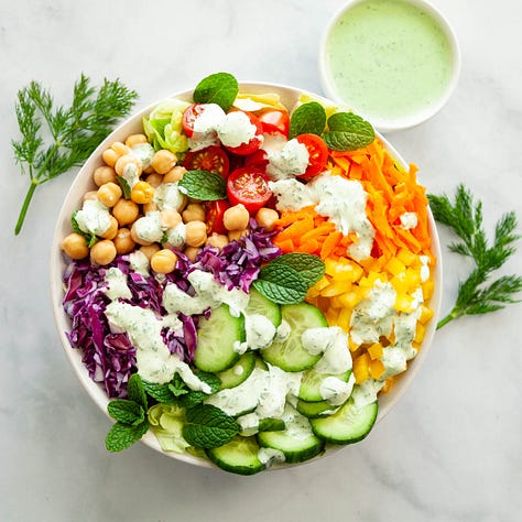 salad, shredded chicken and mashed potatoes