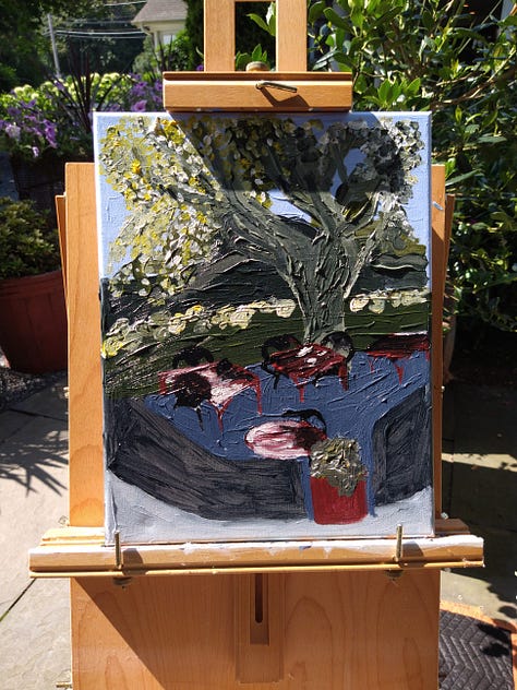 Images of plein air session on grounds of local art gallery and wine tasting room.