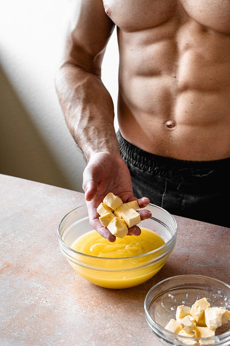 Shirtless man in black pants makes vegan lemon curd step-by-step process shots