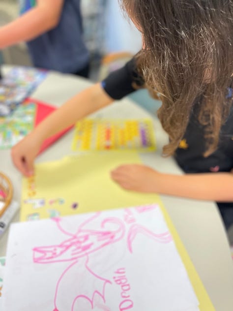 9 images from summer art camp - child painting self-portrait, array of self-portraits, clay magnets, lots of bubbles, child placing stickers x 3, Kids playing chess, child gluing crayon sculpture