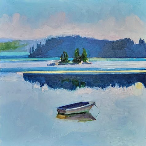 Kate painting at Pressy Cove and two paintings