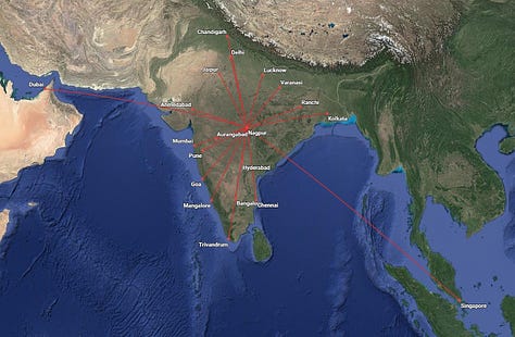 Gallery of route maps for the following Patel Air hub airports: 1) Bangalore-BLR (HQ City); 2) Ahmedabad-AMD; 3) Delhi-DEL; 4) Kolkata-CCU; 5) Hyderabad-HYD; 6) Mumbai-BOM; 7) Chennai-MAA; 8) Goi-GOI; and 9) Nagpur-NAG. (Map links also available in Destinations list following.)