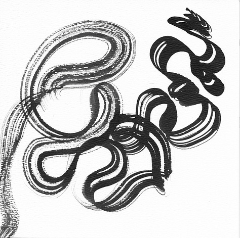three images of black ink on paper in various designs.