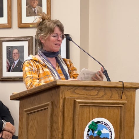 Wendy Hunt, Anna Stump, Gretchen Grunt, Eileen Leslie, Mary Jane Binge and Marco Del Piero speaking during public comment in support of the 29 Palms' Farmers Market 