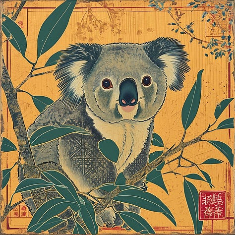 Abstract expressionist koala, watercolor blue koala, ukiyo-e koala