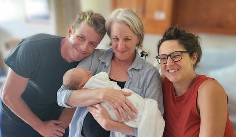 Left to Right: Catherine (a blonde woman) holds her newborn grandchild, the baby with a plaid hat and pacifier at 4 months, a couple get married