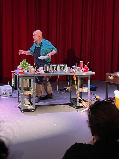 Several images of the comedy chef George Egg on stage in front of a red curtain and behind a table topped with ingredients and cooking tools