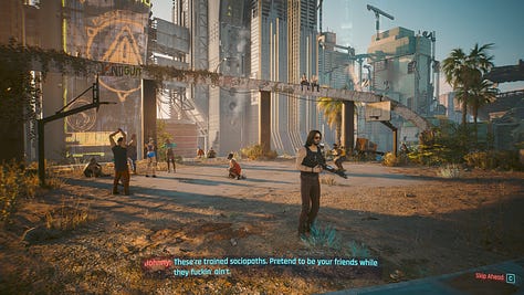 Screenshots of Cyberpunk 2077: Phantom Liberty, dialogue and landscape shots.