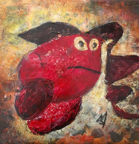 Mixed media paintings of strange creatures