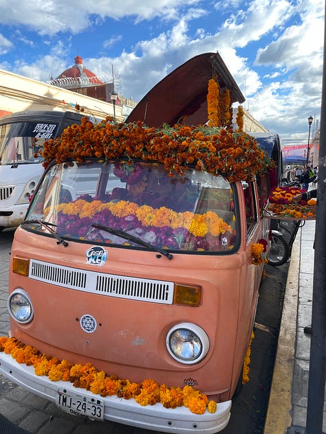 A nine image collage showing elaborate Día de Muertos decorations in the city.