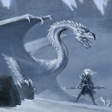 LEFT: Detail from ELRIC AND THE COLD DRAKE featuring Elric standing on a snow covered hill with an enormous white dragon. Its serpentine neck is coiled in an "S" as its jaw part in a hiss to reveal its long slender tongue. CENTER: Close detail from ELRIC AND THE COLD DRAKE featuring skulls half buried in snow from the foreground of the painting. RIGHT: Close detail from ELRIC AND THE COLD DRAKE featuring a tighter view of Elric with windswept hair. He is dressed in black with silver accents. He grasps Stormbringer in its sheather slung  slung at waist heigh behind his back.