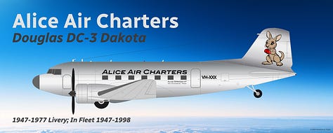 A selection of former fleet aircraft: 1) Alice Air Charters Douglas DC-4 (1947-1998), 2) Alice Air Charters Douglas DC-3, 3) Alice Air Charters de Havilland DHA-3 Drover (1950-1970), 4) Alice Air Charters de Havilland DHC-3 Otter, 5) Air NT Beechcraft King Air 250 Combi (1977-1998); 6) Air NT Beechcraft King Air 250 Standard (1977-1998), and 7) Air NT Dornier 328-120 Combi - all shown in side view.