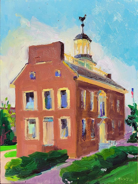 four impressionistic paintings by Kate Mundie of historic buildings in Dover Delaware.
