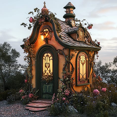 Baroque hut, mansion, and tower in Midjourney