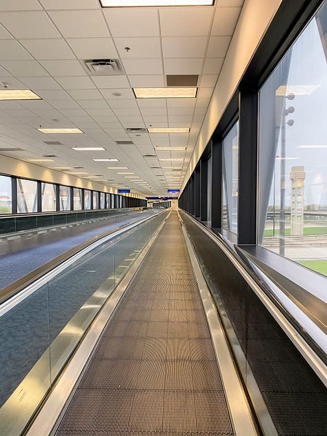 Photo of empty Starbucks in the Sacramento airport, March 22, 2020; photo of empty electric walkway in the Dallas-Fort Worth airport, March 22, 2020; mirror selfie photo of woman and her dog sitting on the bed with luggage and clothes strewn about on the floor.