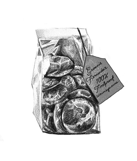 Black and white sketches of baking ingredients, a mixing bowl with a spoon, and a bag of cookies with a gift tag