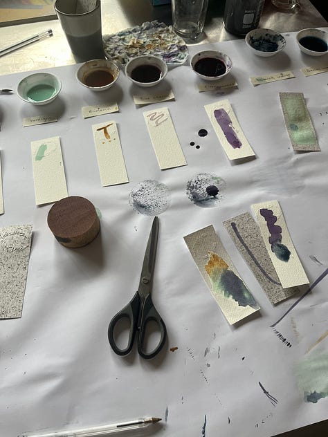 1-2. Exploring the pots of local colour by painting on small strips of paper to create my own Walthamstow artwork; 3. Other experimental colour samples presented carefully on the wall.