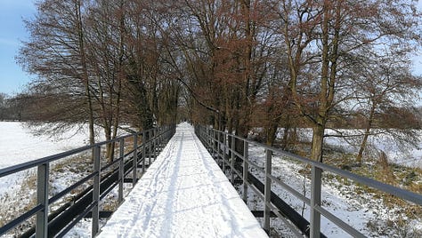 Frozen lakes and fields, and a snow-covered pedestrian bridge, hiking through the Spreewald in winter.