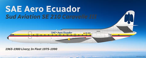 A selection of former SAETA Airlines aircraft types: 1) Douglas DC-3, 2) Douglas DC-6, 3) Vickers Viscount, 4) Sud Aviation SE 210 Caravelle, 5) Boeing 707-320B, 6) Boing 727-200 Advanced, 7) Boeing 720B, and 8) Boeing 737-300 - all shown in side view.