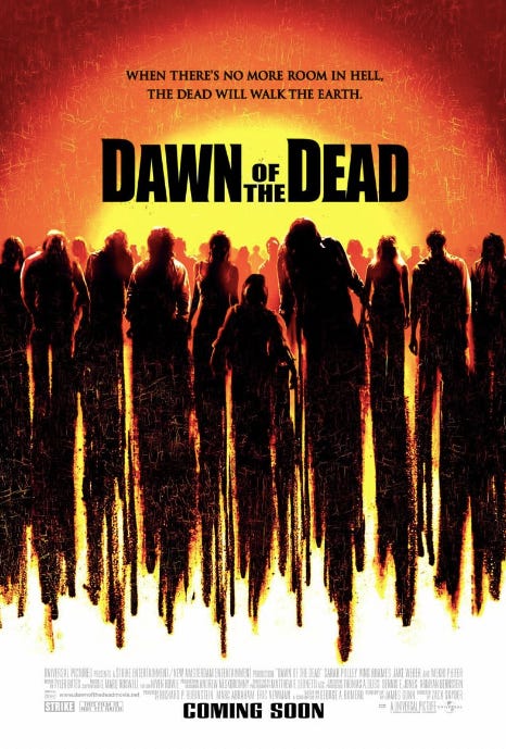 From left to right: Film posters for the movies 28 Days Later (2002), Dawn of the Dead (2004), and [Rec] (2007).