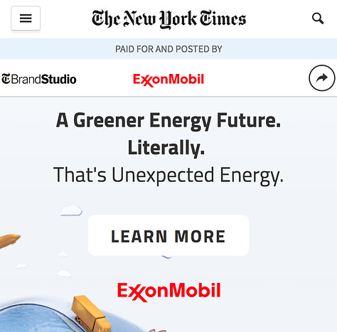 Digital and print greenwashing on algae-based fuels from ExxonMobil and New York Times