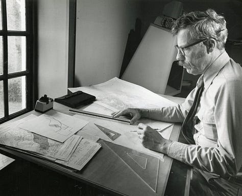 Harold Gill working on plat maps in his office in the Travis House in Colonial Williamsburg's Research Department, part of the York County Project and with Cary Carson following those maps in the now wooded area near Williamsburg. Finally, with the cast of research specialists that stand behind every interpreter in Colonial Williamsburg in the 1970s.