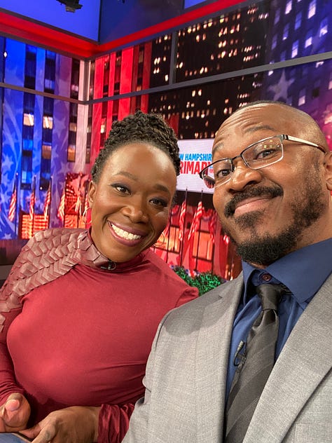 NBC employee ID, Joshua with Lester Holt, Joshua with Joy Reid, New Hampshire Primary ID badge, Joshua wearing badge, Joshua next to his picture in a promotional poster for NBC News NOW, 30 Rock lit up on Election Night 2020, Joshua at the MSNBC anchor desk during COVID-19 coverage