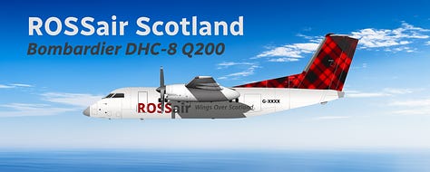 A selection of former ROSSair Scotland aircraft: 1) Fokker 100, 2) Dornier 328JET, 3) Dornier 328, 4) de Havilland DHC-8 Q200, 5) de Havilland DHC-8 Q300, 6) de Havilland DHC-8 Q400. 