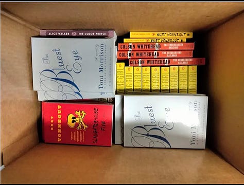 Books from Conroe ISD classroom collections, boxed up for disposal after being deemed “educationally unsuitable.”
