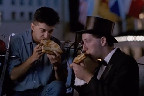 Adults eating slices of pizza across New York City in the opening credits of Teenage Mutant Ninja Turtles II: The Secret of the Ooze  | Film Flavor: A Newsletter Surveying Food in Film