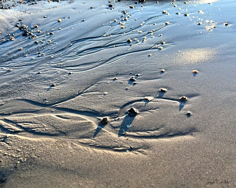 A selection of three images shows: a horizon of blue sky and sparkling ocean; a close-up of glistening sandy beach; a green heart-shaped sea glass.