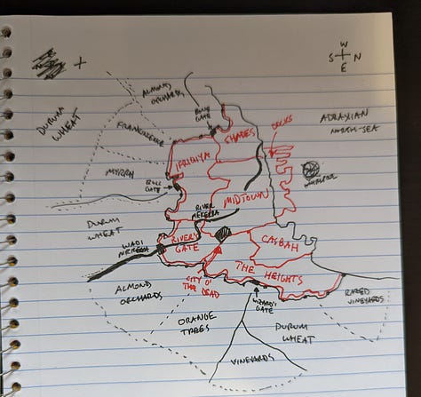 City maps of my fantasy metropolis Talzur, starting very complex and dense, then changing them to be simpler in shape to map out the faction HQs.