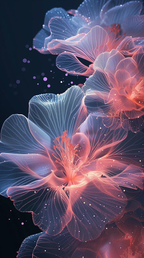 Bioluminiscent flowers with shimmering petals on a dark background.
