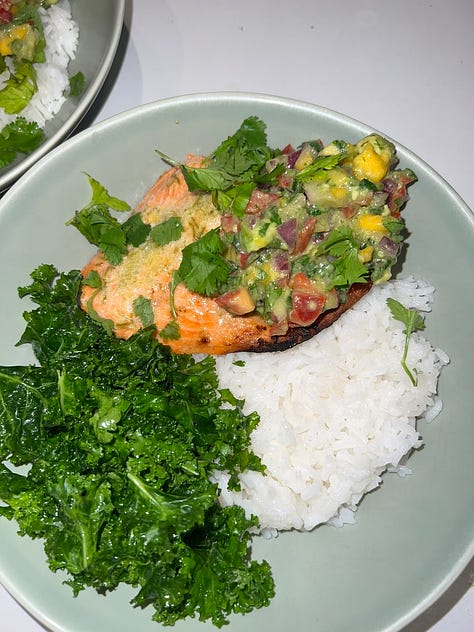 Baked Salmon with Mango Avocado Salsa and Coconut Rice