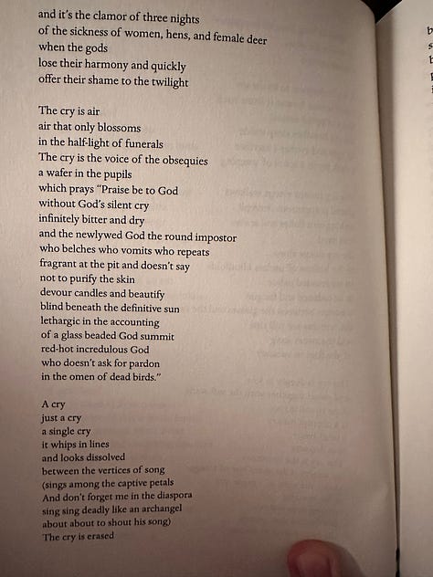 The cover of María Baranda's Nightmare Running on a Meadow of Absolute Light followed by the first five pages of her poem "To Hell," which starts with the lines, "A cry."